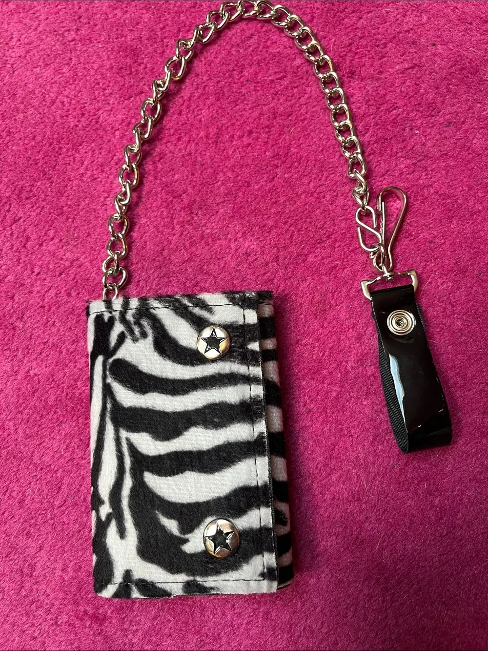 Y2K Goth fuzzy zebra print + black vinyl chain wallet
